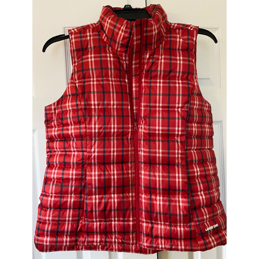 Lands' End Puffer Vest Women M Red Plaid Down Insulated Quilted Gilet Pockets